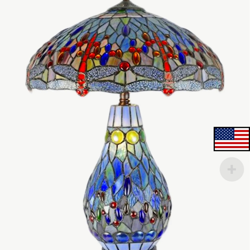 Large Stained Glass Lamp Tiffany Style with Luminous Base Blue Dragonfly